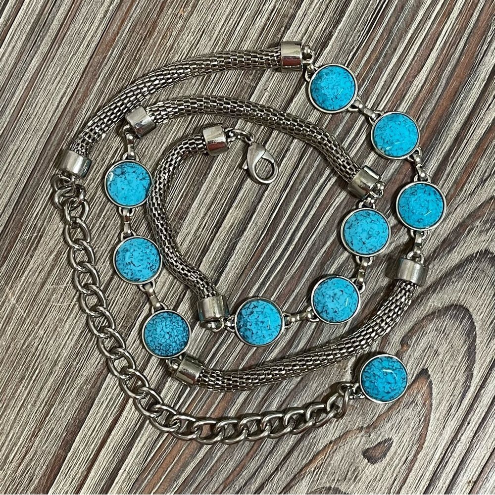 Southwestern Turquoise Howlite Silver Serpentine Chain Link Waist Belt Women L